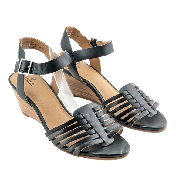NEW Susina Terra Black Leather Slingback Wedge Sandals Size 7 - Picture 1 of 6